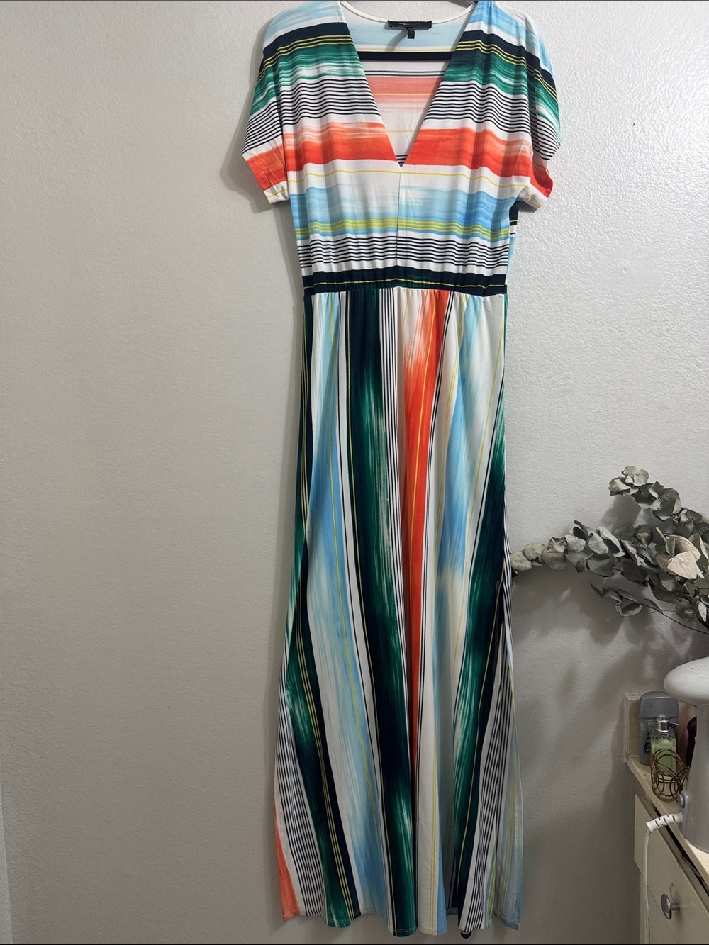 BCBGMaxAzria Multicolor Striped V-Neck Maxi Dress - White, Green, Blue, Orange